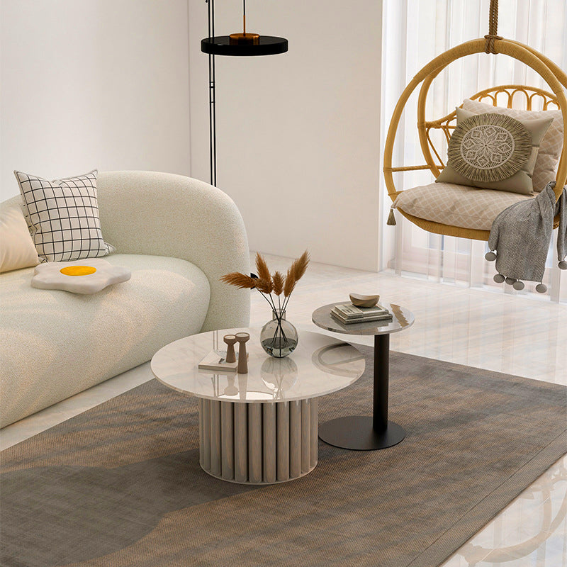 Modern Stone Pedestal Cocktail Table Round Coffee Table - White/Grey