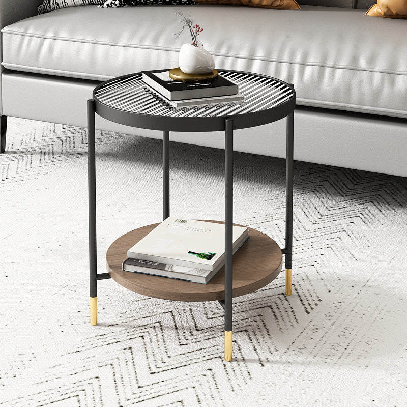 Modern Iron 4 Legs Coffee Table with Shelf Round Cocktail Table in Natural