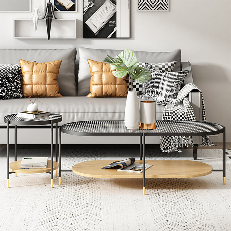 Modern Iron 4 Legs Coffee Table with Shelf Round Cocktail Table in Natural