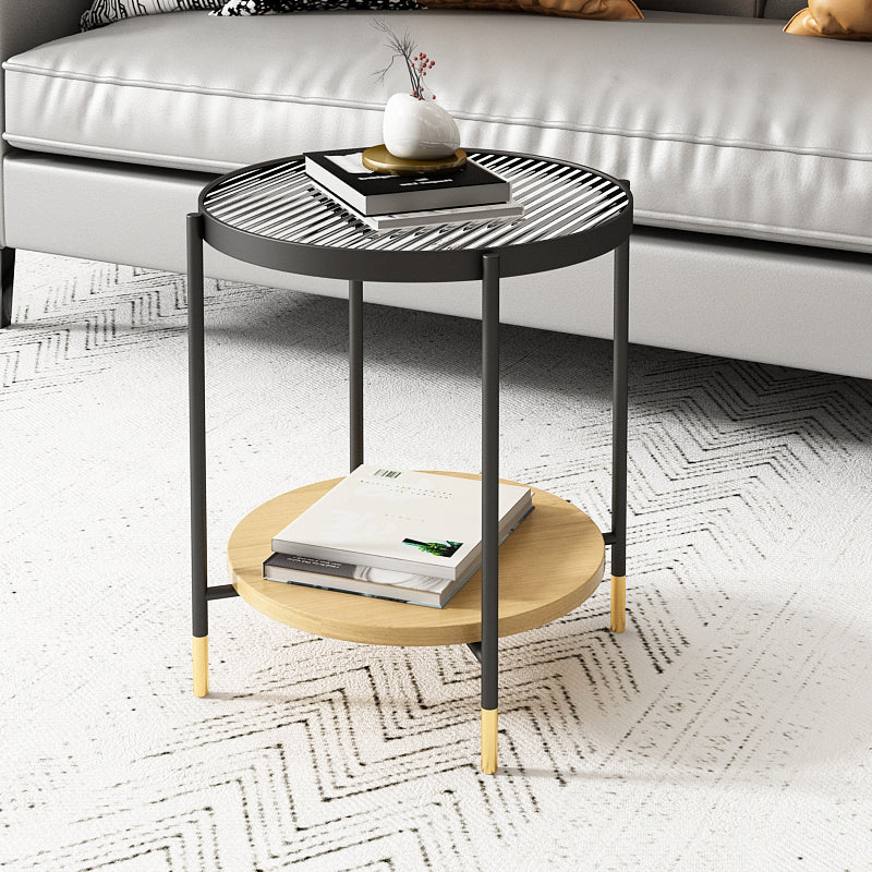 Modern Iron 4 Legs Coffee Table with Shelf Round Cocktail Table in Natural