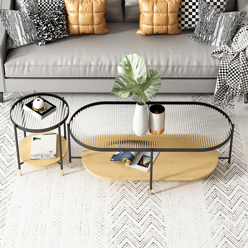 Modern Iron 4 Legs Coffee Table with Shelf Round Cocktail Table in Natural