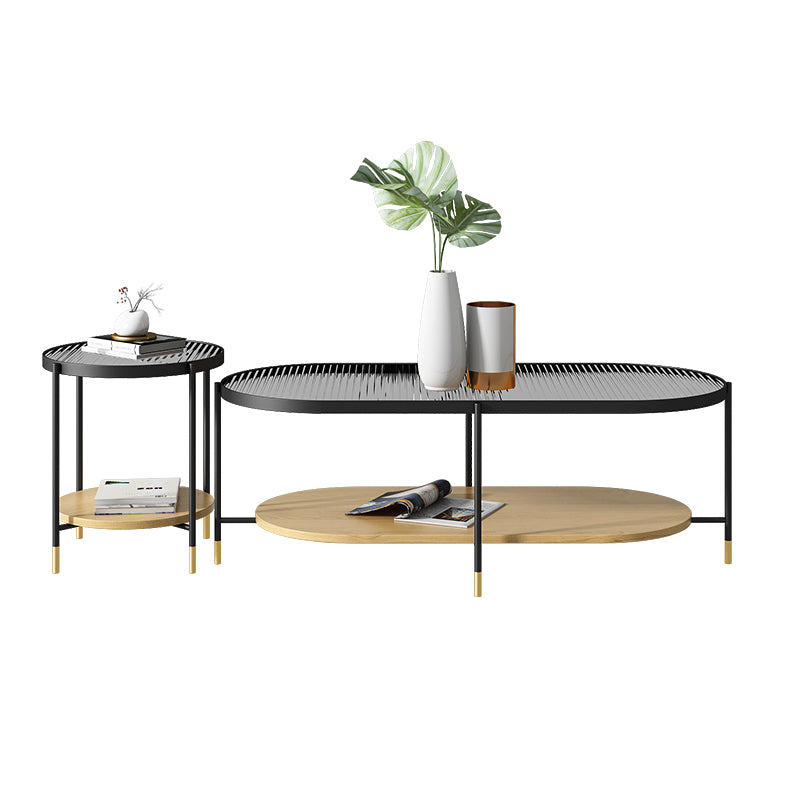 Modern Iron 4 Legs Coffee Table with Shelf Round Cocktail Table in Natural