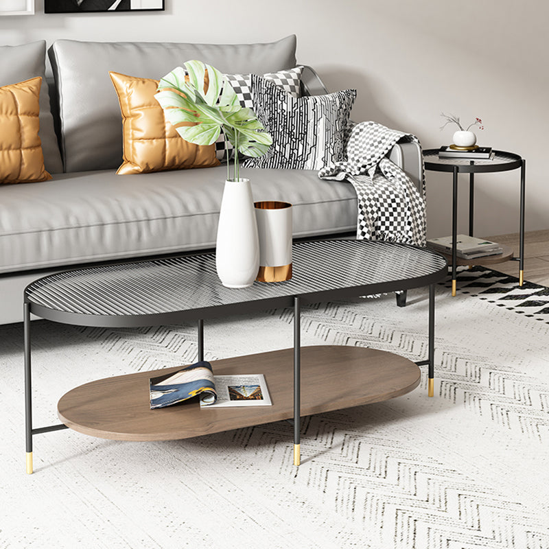 Modern Iron 4 Legs Coffee Table with Shelf Round Cocktail Table in Natural