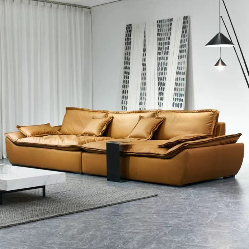 Pillow Top Arm Standard Settee Couch with Pillows in Brown for Living Room
