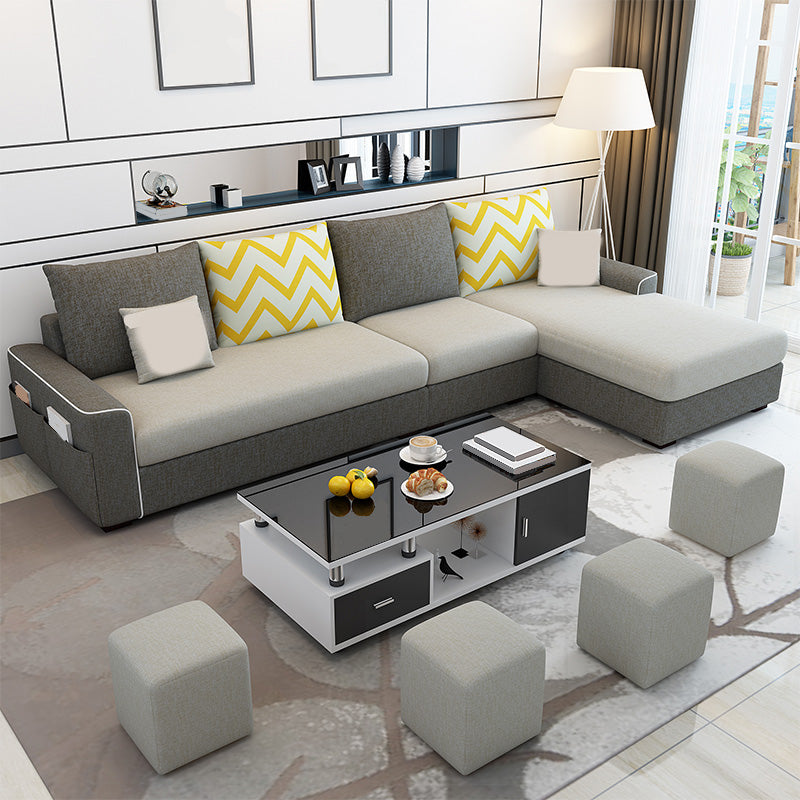 L-Shape Linen Blend Square Arm Sectional with Slipcovered and Storage
