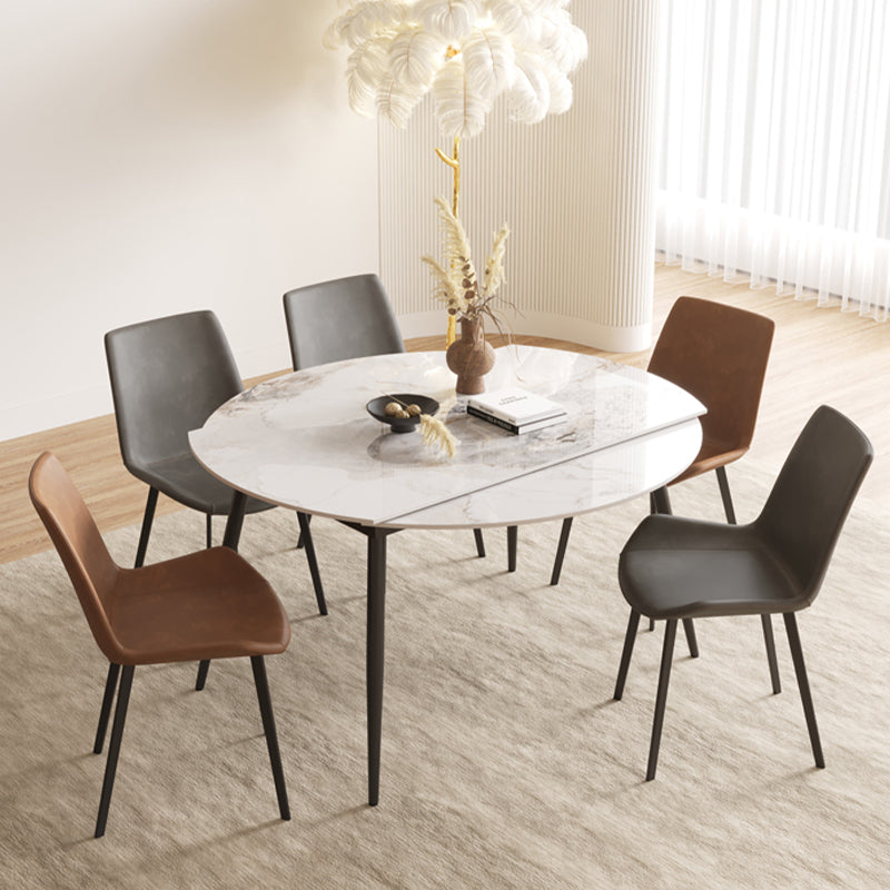 Round Dining Table with Leaf Extension Modern Stone Black Legs Dinette Table