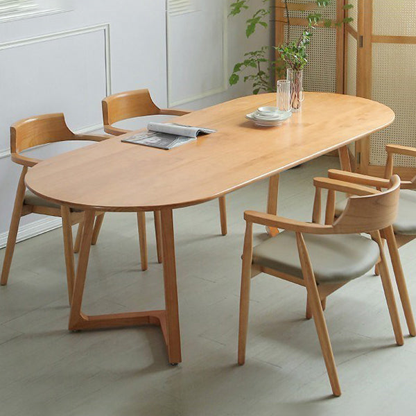 Modern Pine Wood Table for Restaurant Oval Table with Two Wood Pedestal