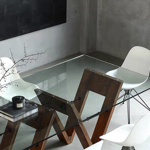 Solid Wood Contemporary Rectangle Dining Table Glass Top Table for Dining Room