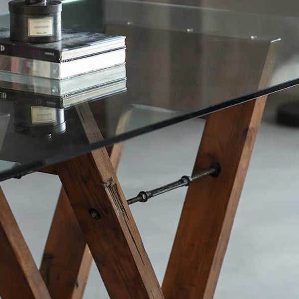 Solid Wood Contemporary Rectangle Dining Table Glass Top Table for Dining Room