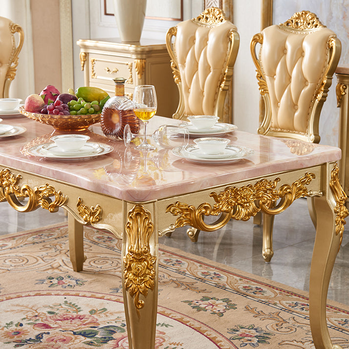 Solid Wood Victorian Rectangular Dining Table Marble Top Table with 4 Legs