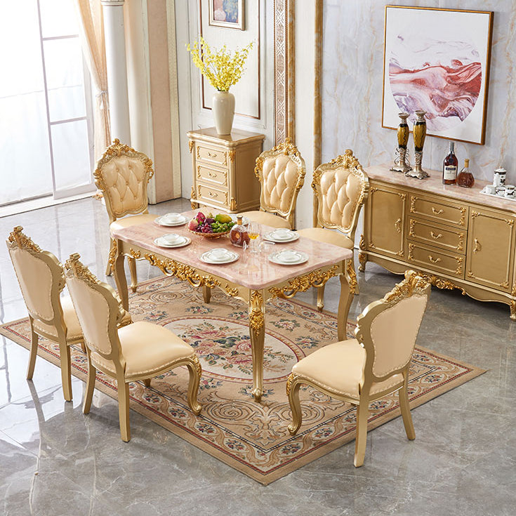 Solid Wood Victorian Rectangular Dining Table Marble Top Table with 4 Legs