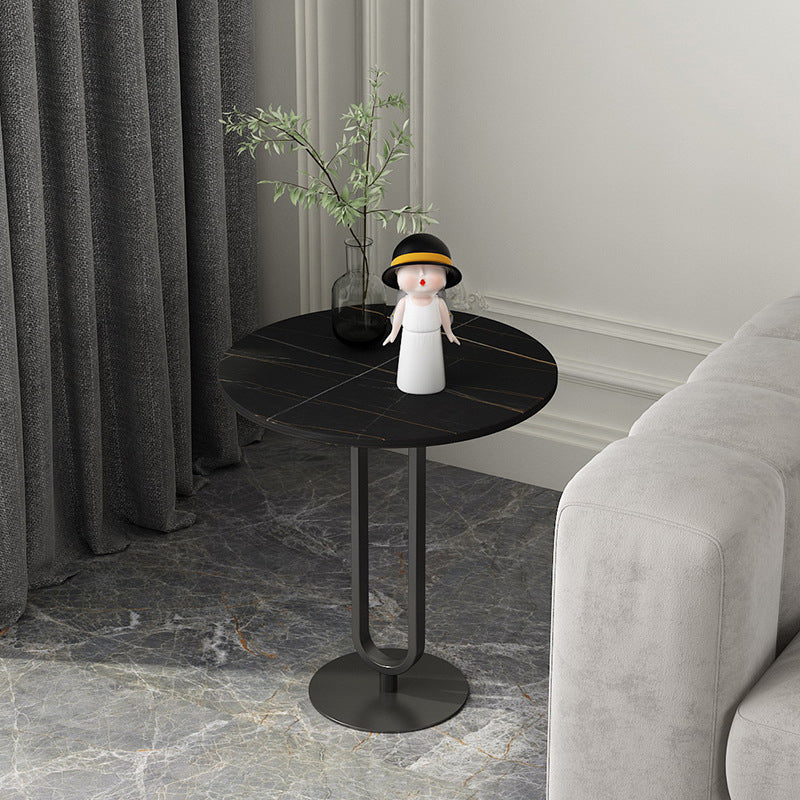21.6"Tall Round Stone Top End Table Iron Pedestal Sofa Side Table