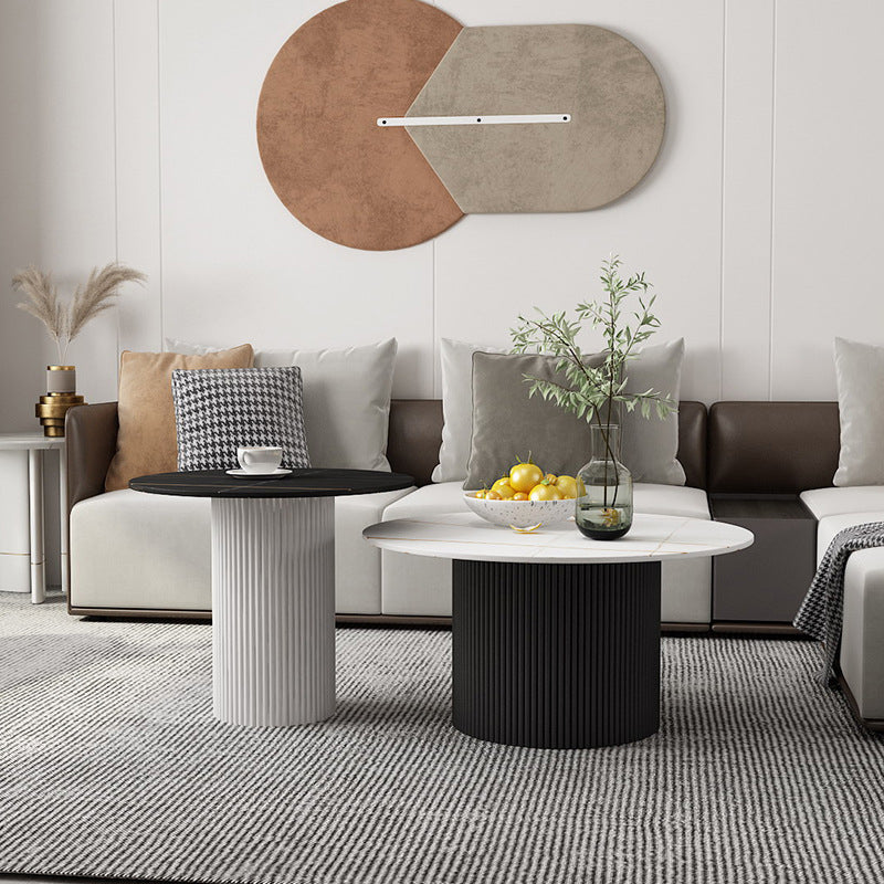 Modern Style Black/white Rock Slab Top Metal Craft Round Coffee Table