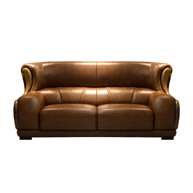Genuine Leather Round Arm Sectionals Dark Brown 36.61"High Cushion Back Sofa