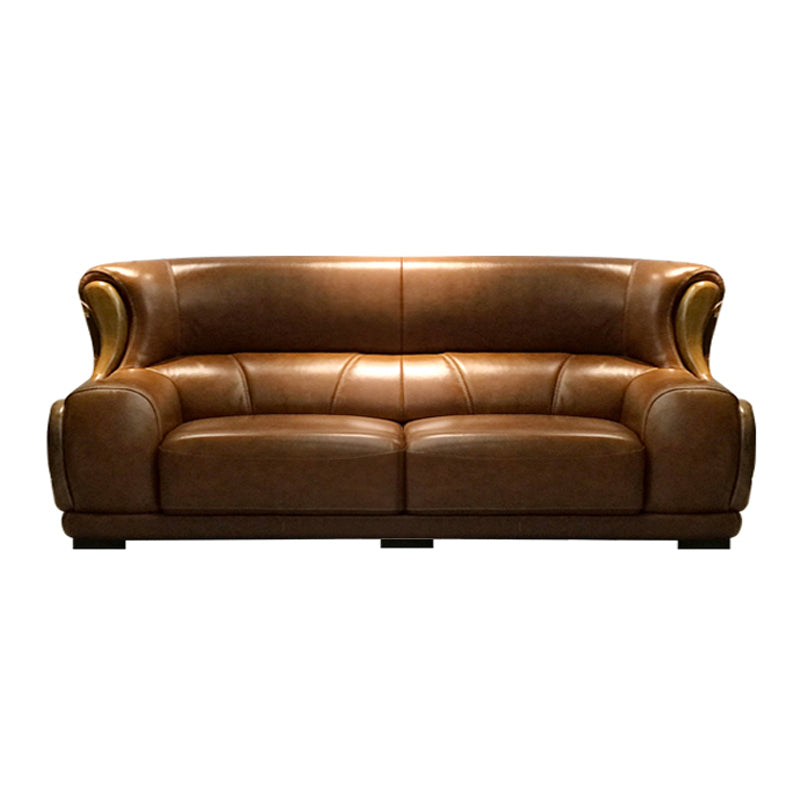 Genuine Leather Round Arm Sectionals Dark Brown 36.61"High Cushion Back Sofa
