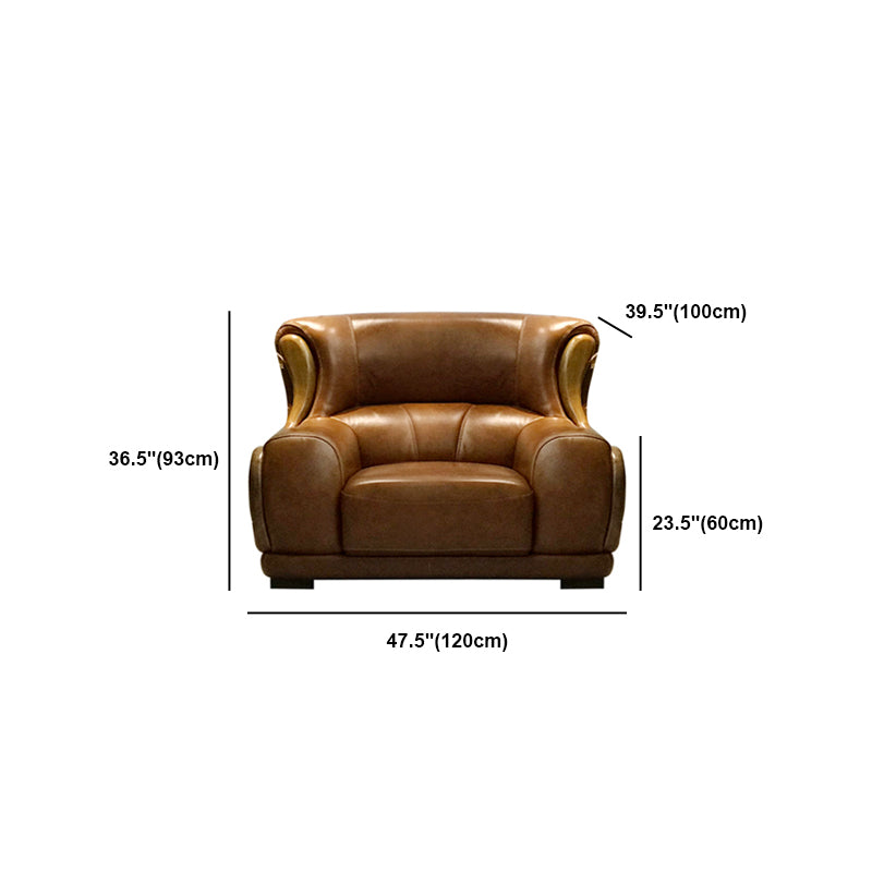 Genuine Leather Round Arm Sectionals Dark Brown 36.61"High Cushion Back Sofa