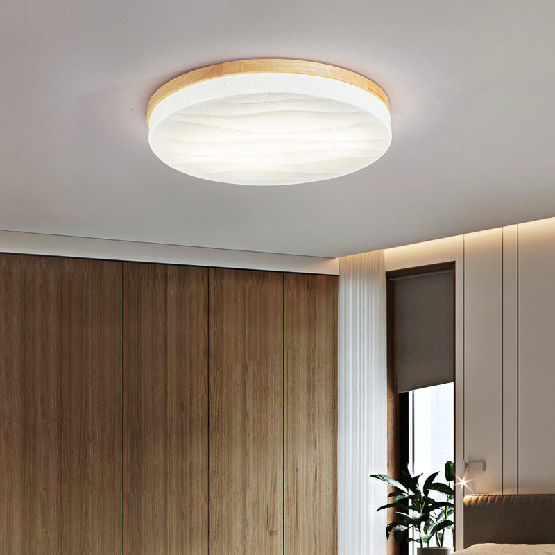 1-Light Round Flush Light Fixtures Modern Style Wood Flush Mount Lighting