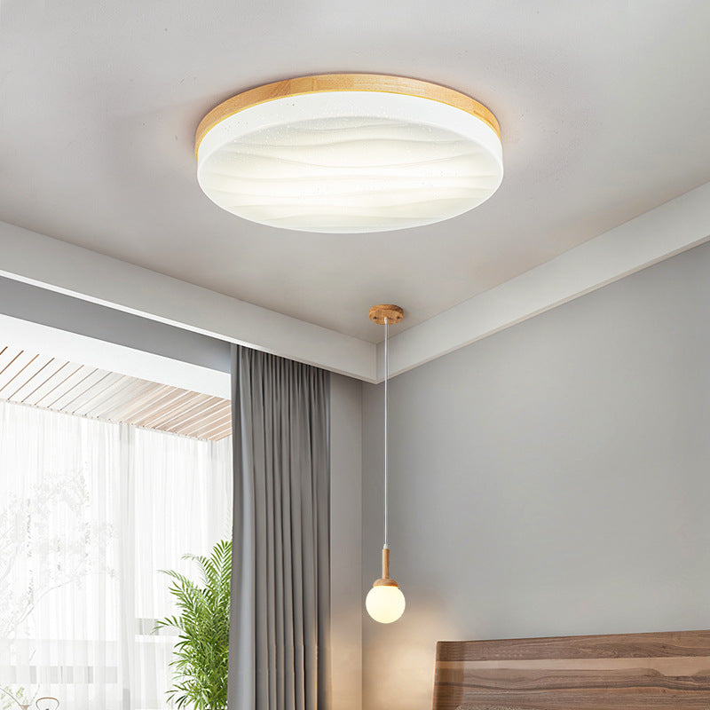 1-Light Round Flush Light Fixtures Modern Style Wood Flush Mount Lighting