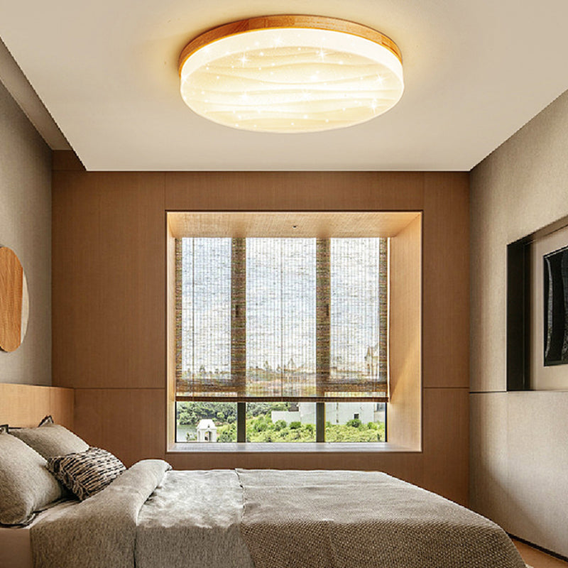 1-Light Round Flush Light Fixtures Modern Style Wood Flush Mount Lighting