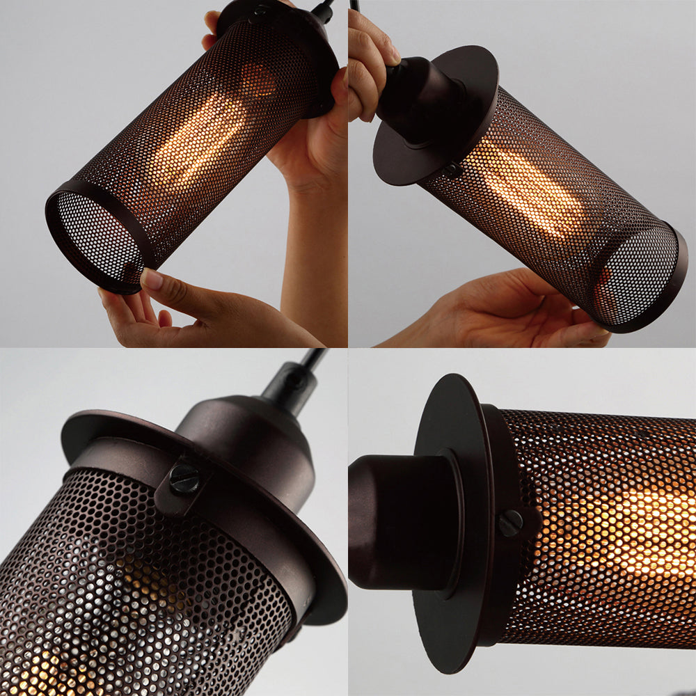Metal Black/Rust Hanging Pendant Lamp Cylindrical 1 Head Industrial Ceiling Lighting with Mesh Cage Shade