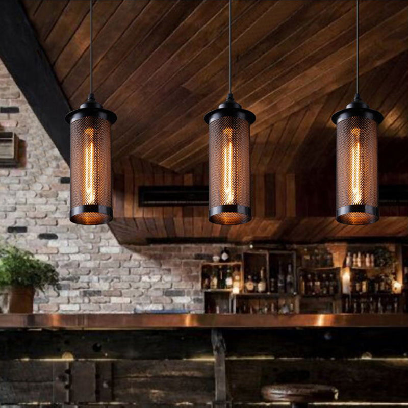 Metal Black/Rust Hanging Pendant Lamp Cylindrical 1 Head Industrial Ceiling Lighting with Mesh Cage Shade