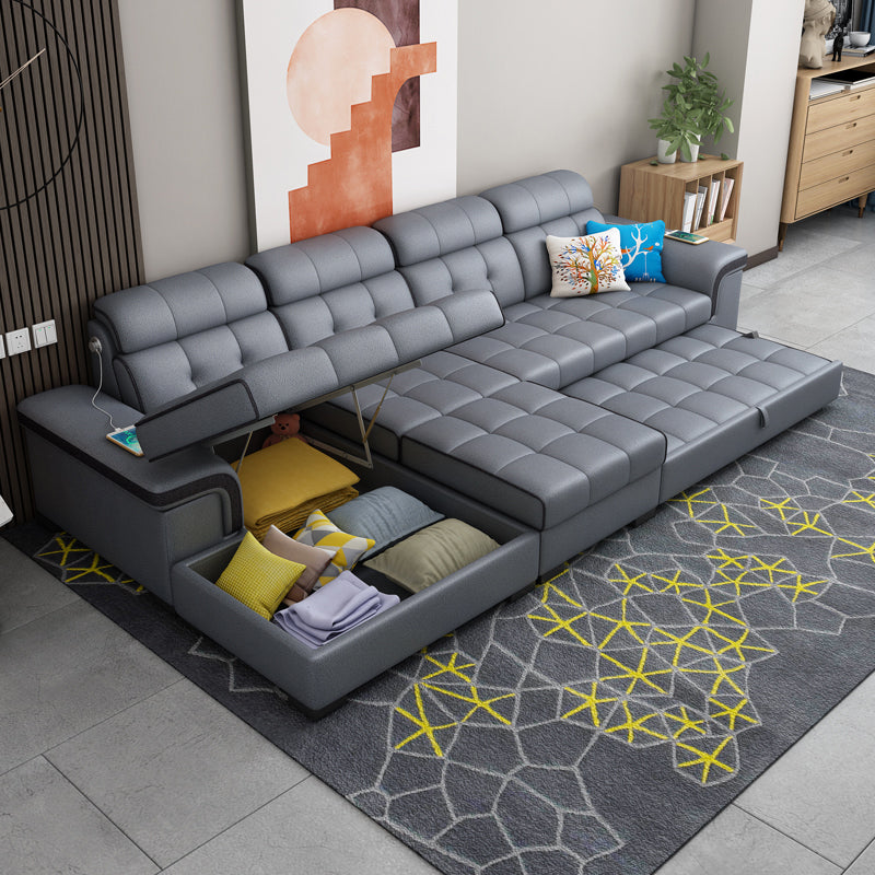 Sewn Pillow Back Sectional Convertible Grey Sofa Bed with Adjustable Headrest