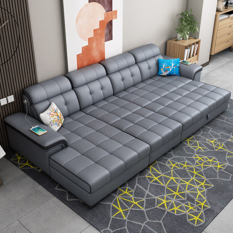 Sewn Pillow Back Sectional Convertible Grey Sofa Bed with Adjustable Headrest