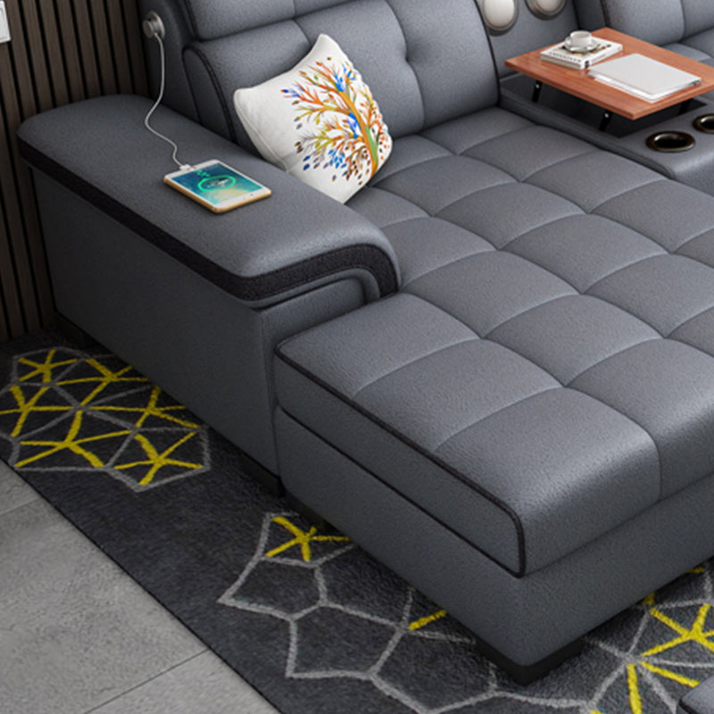 Sewn Pillow Back Sectional Convertible Grey Sofa Bed with Adjustable Headrest