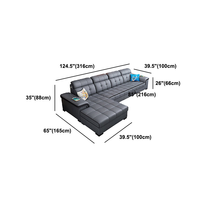 Sewn Pillow Back Sectional Convertible Grey Sofa Bed with Adjustable Headrest