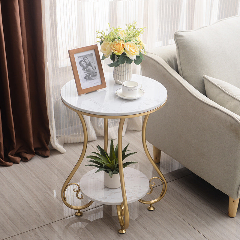 Glam Round Glossy Marble Top End Table Metal Curved Sofa Side End Table