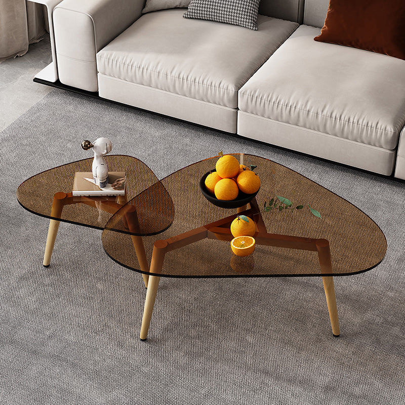Wood and Glass 3 Legs Coffee Table Modern Triangle Clear Table