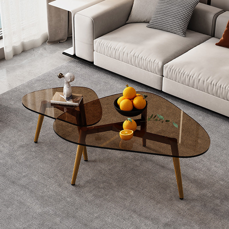 Wood and Glass 3 Legs Coffee Table Modern Triangle Clear Table