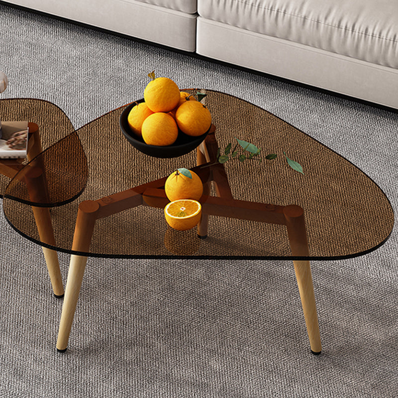 Wood and Glass 3 Legs Coffee Table Modern Triangle Clear Table
