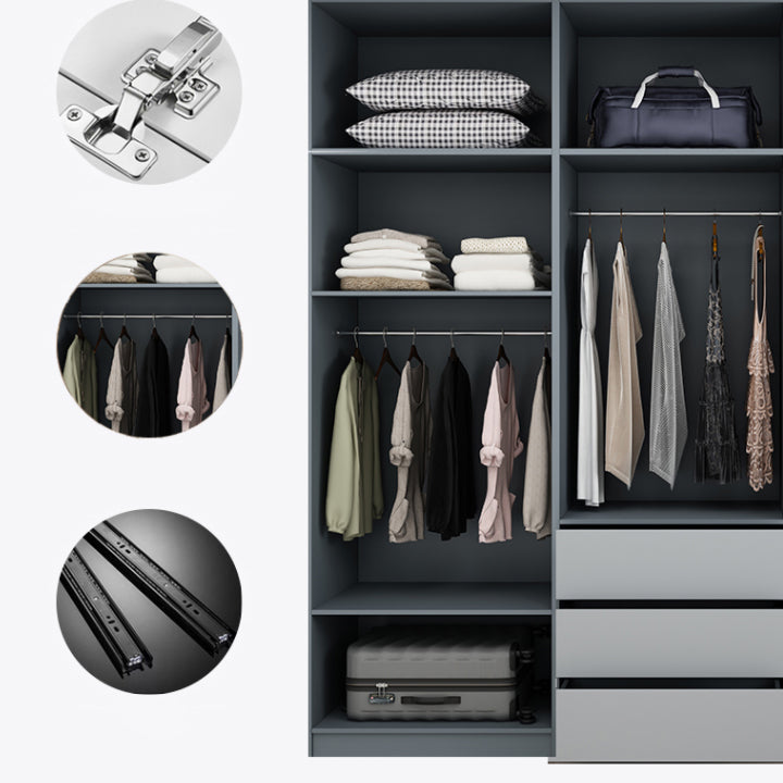 Grey Wooden Wardrobe Armoire Hinged Storage Cabinet with Soft Close Drawer