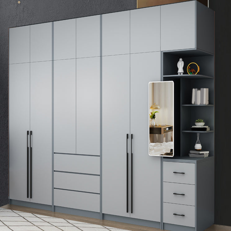Grey Wooden Wardrobe Armoire Hinged Storage Cabinet with Soft Close Drawer
