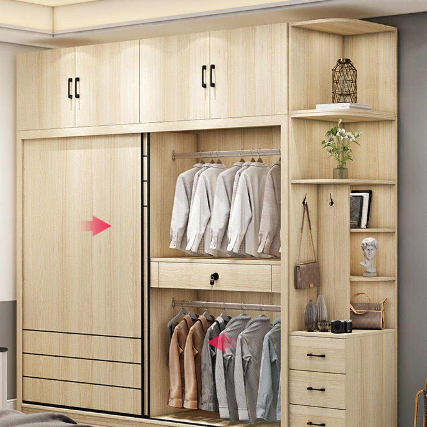 Natural Contemporary Style Wardrobe Armoire Engineered Wood Wardrobe Cabinet for Home
