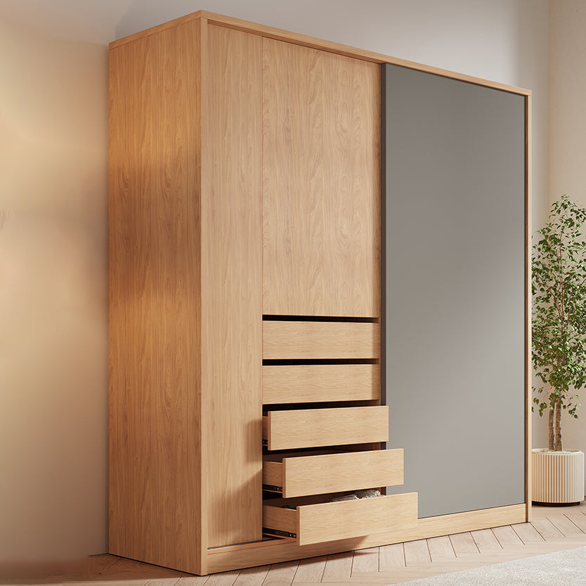 Natural Finish Modern Wardrobe Armoire Solid Wood and Engineered Wood Armoire