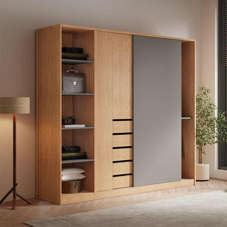 Natural Finish Modern Wardrobe Armoire Solid Wood and Engineered Wood Armoire