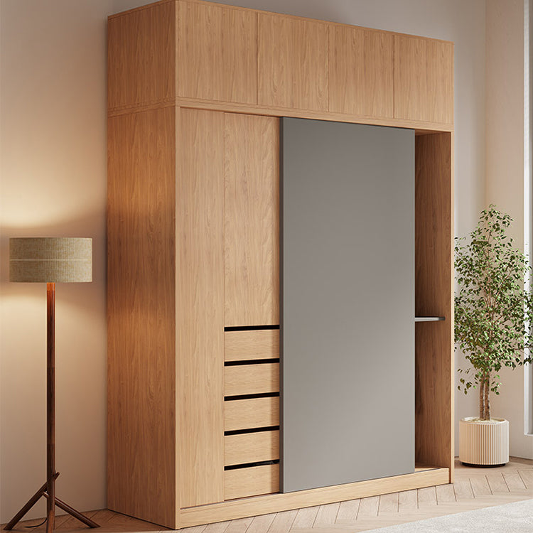 Natural Finish Modern Wardrobe Armoire Solid Wood and Engineered Wood Armoire