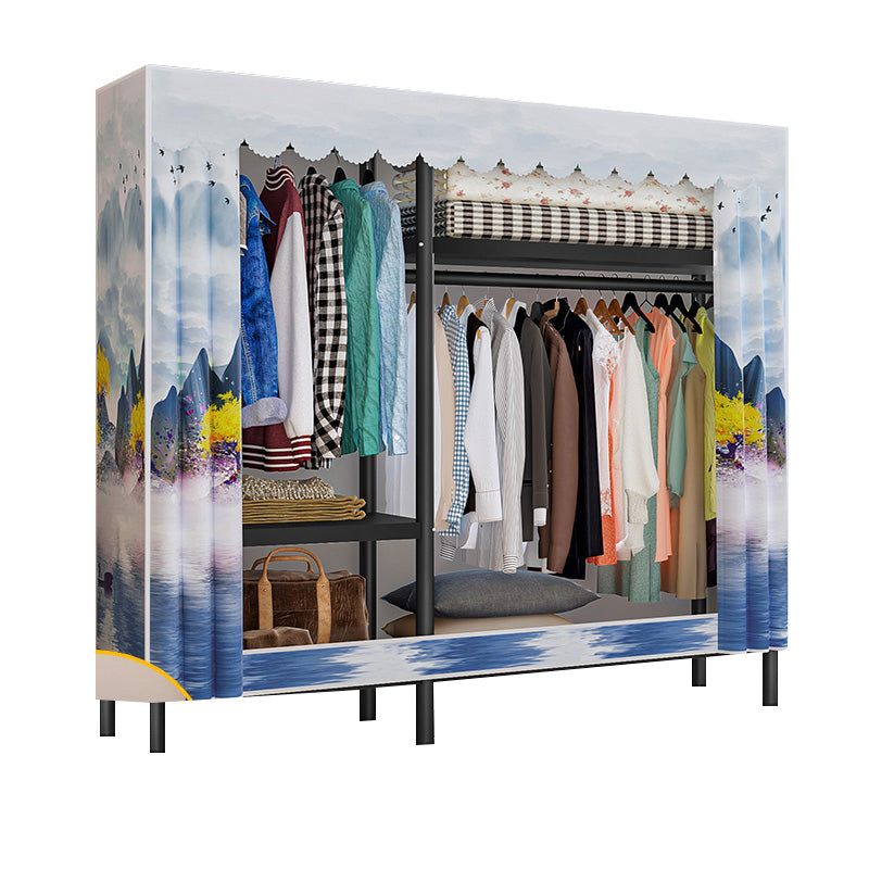 Contemporary Style Wardrobe Cabinet Steel Frame Wardrobe with Clothing Rod