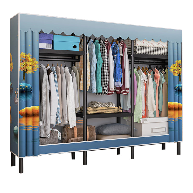 Contemporary Style Wardrobe Cabinet Steel Frame Wardrobe with Clothing Rod