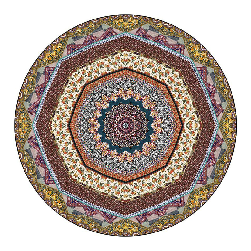 Round Paisley Print Carpet Antique Area Rug Polyester Non-Slip Backing Rug for Living Room