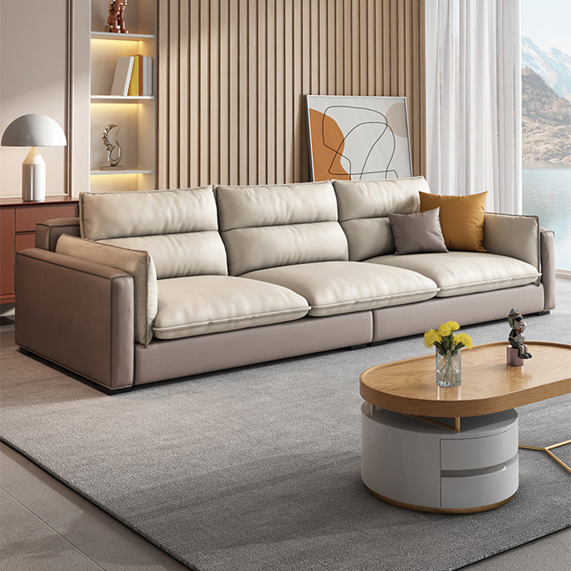 Stain Resistant Beige Stationary Faux Leather Living Room Square Arm Seating