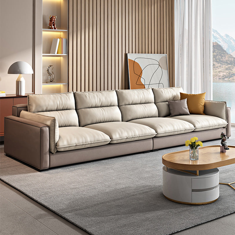 Stain Resistant Beige Stationary Faux Leather Living Room Square Arm Seating