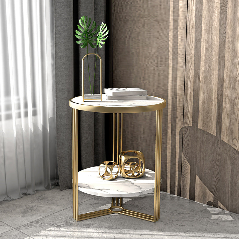 Glam Round Side End Table Double Tier Sofa Side Table with Shelf