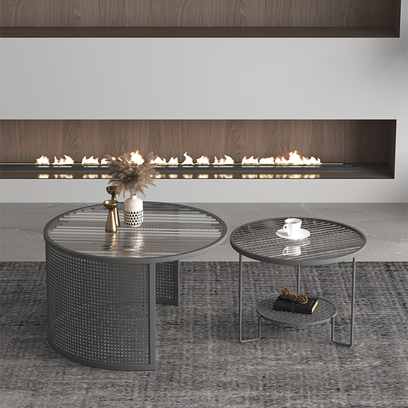 Modernism Round Glass and Steel Coffee Cocktail Table - 17.7"/19.7" H