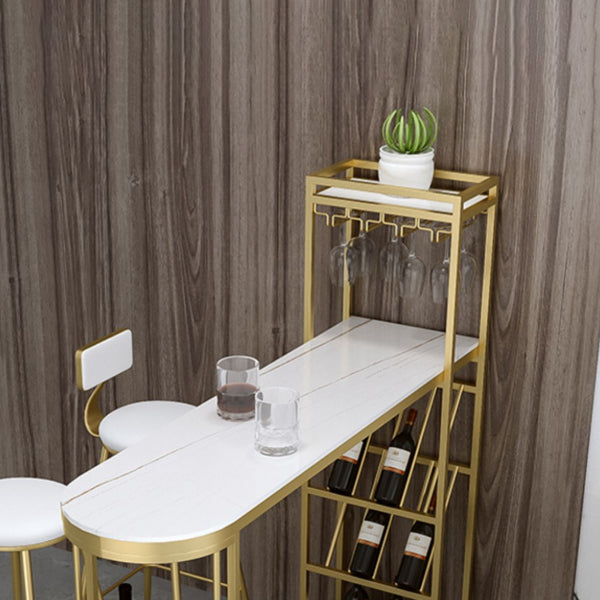 Contemporary Bistro Accent Dining Table Stone and Metal Bar Table with Wine Rack
