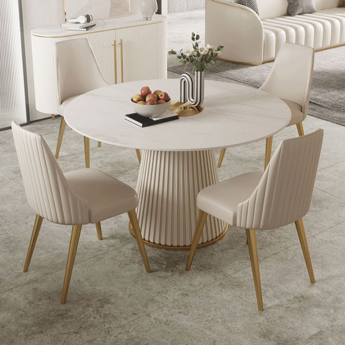 Modern White Round Dining Table Sintered Stone Top Pedestal Base Table