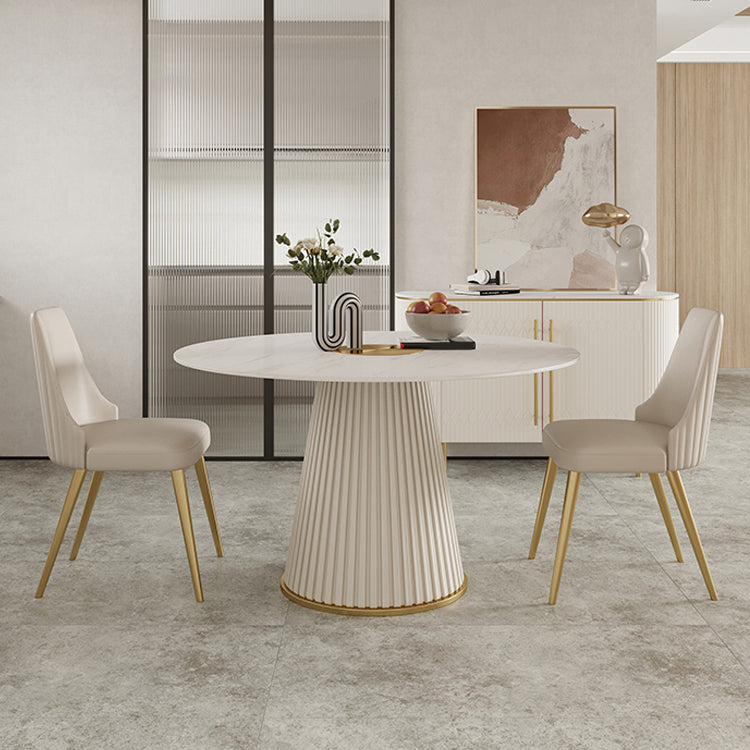Modern White Round Dining Table Sintered Stone Top Pedestal Base Table