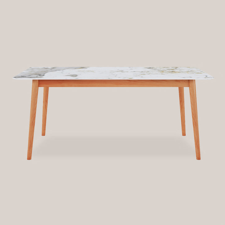 Modern Rectangle Dining Table Sintered Stone Top Table with 4 Wood Legs